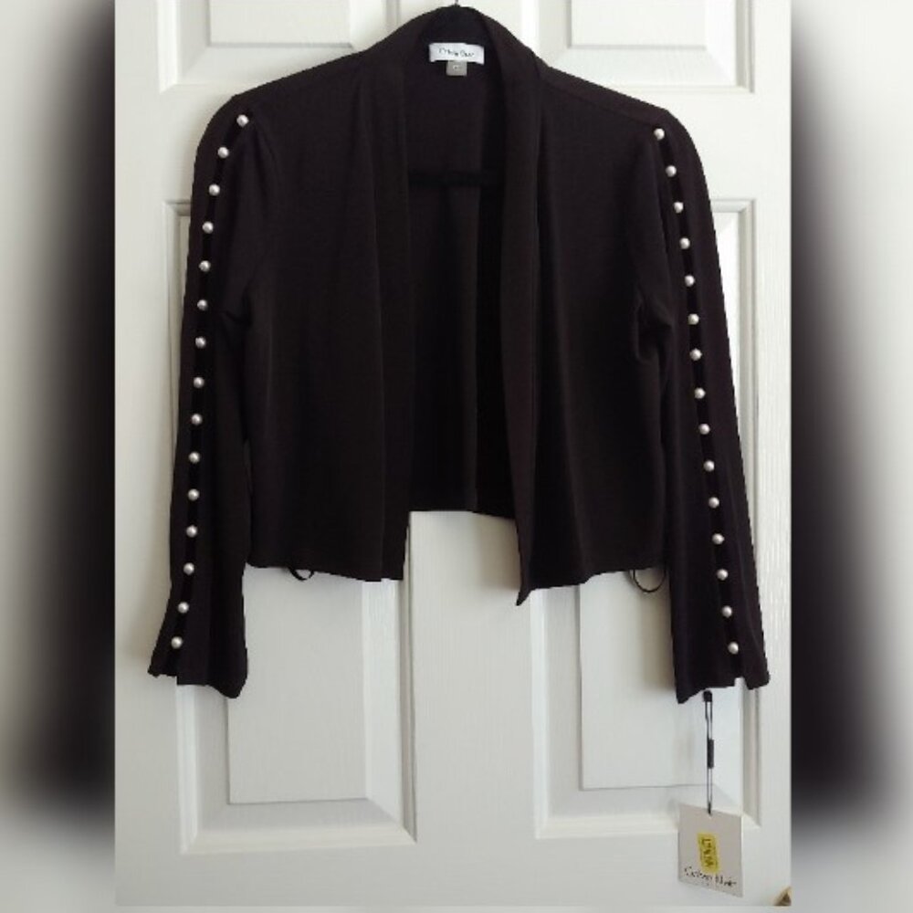 CALVIN KLEIN Black Jacket Shrug Cover Up 3/4-sleeves Pearl Accents Size L NWT